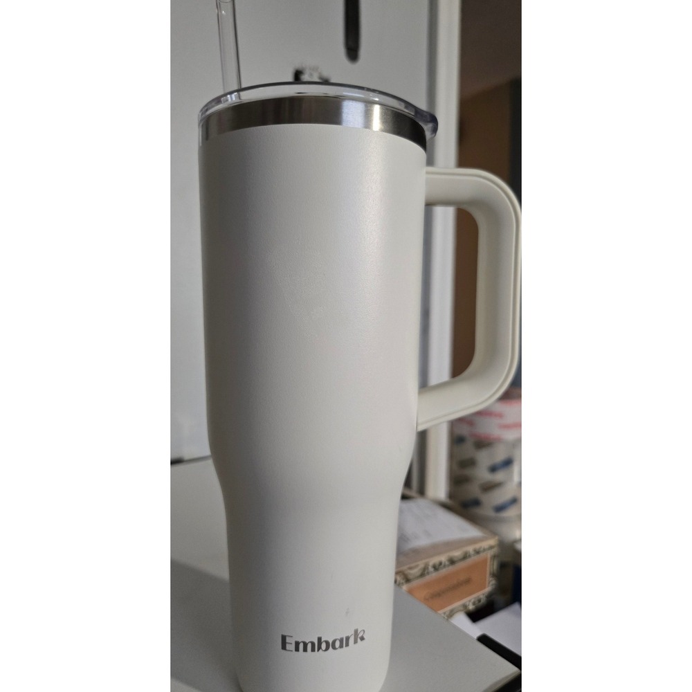 Embark Reduce Off White Insulated Stainless Steel Tumbler with Handle and Straw